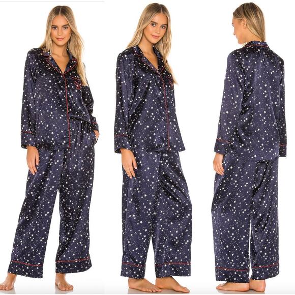 L*SPACE Luna Satin Pajama Set In Starry Night In Navy White Size Large New - Picture 2 of 14